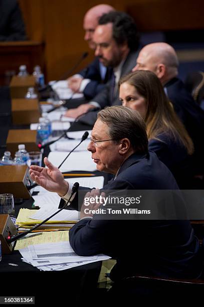 Wayne LaPierre, foreground, executive vice president and CEO of the National Rifle Association, testifies before a Senate Judiciary Committee hearing...