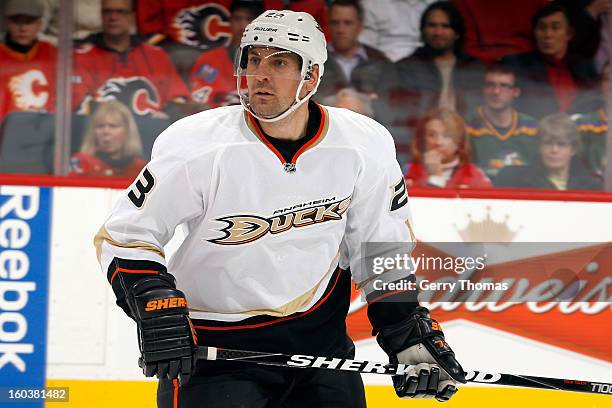 Francois Beauchemin of the Anaheim Ducks skates against the Calgary Flames on January 21, 2013 at the Scotiabank Saddledome in Calgary, Alberta,...