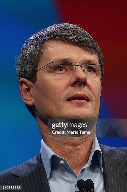 BlackBerry President and Chief Executive Officer Thorsten Heins speaks at the BlackBerry 10 launch event at Pier 36 in Manhattan on January 30, 2013...