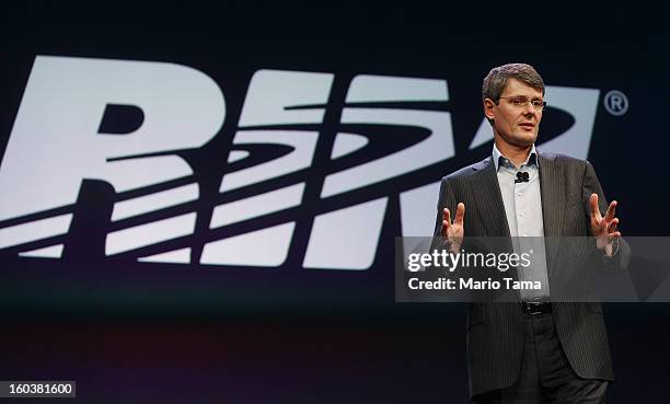 BlackBerry President and Chief Executive Officer Thorsten Heins speaks at the BlackBerry 10 launch event at Pier 36 in Manhattan on January 30, 2013...