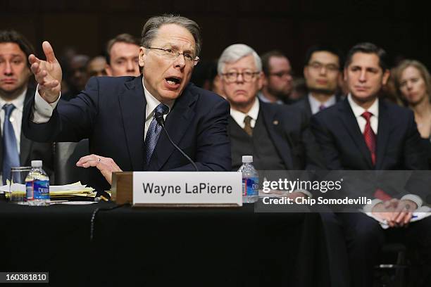 National Rifle Association Executive Vice President and Chief Executive Officer Wayne LaPierre testifies before the Senate Judiciary Committee during...