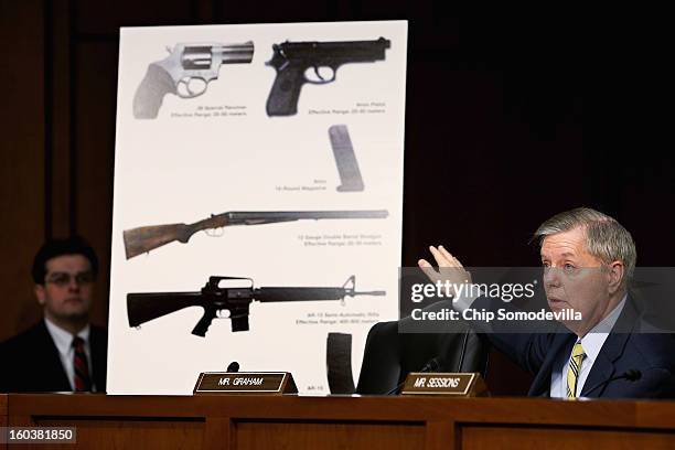 Senate Judiciary Committee member Sen. Lindsey Graham uses imagees of handguns and rifles during a hearing about gun control on Capitol Hill January...