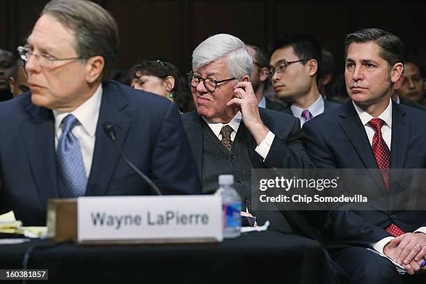 National Rifle Association Executive Vice President and Chief Executive Officer Wayne LaPierre testifies before the Senate Judiciary Committee during...