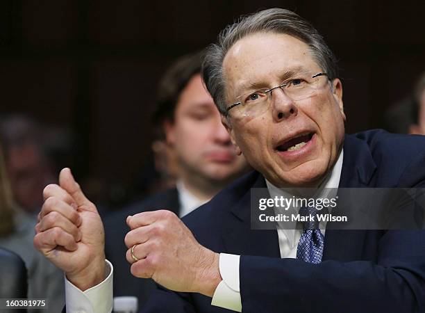 Wayne LaPierre, Executive Vice President and CEO of the National Rifle Association, testifiesduring a Senate Judiciary Committee hearing on gun...