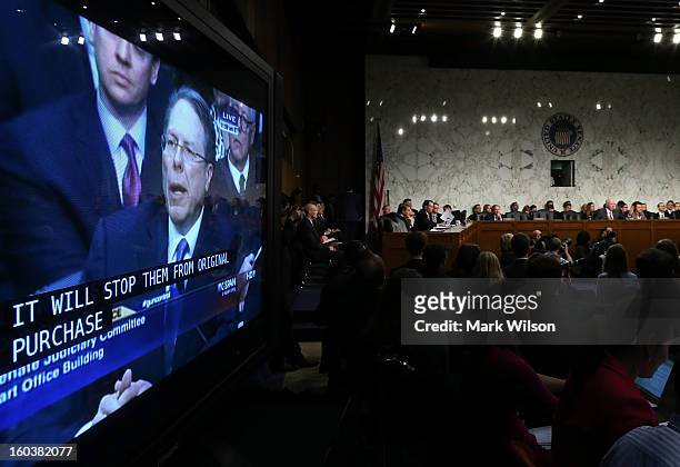 Wayne LaPierre, Executive Vice President and CEO of the National Rifle Association, testifies during a Senate Judiciary Committee hearing on gun...