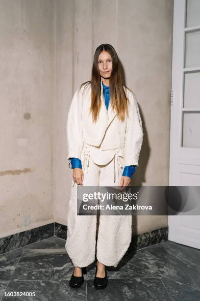 Model at backstage at the Henrik Vibskov show during the Copenhagen Fashion Week Spring/Summer 2024 on August 09, 2023 in Copenhagen, Denmark.