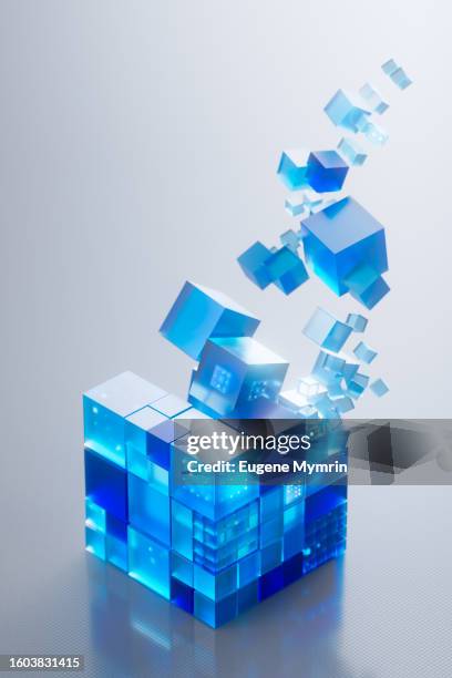 connecting glass cubes: unveiling the synergy of cloud technology, blockchain, and ai. data cubes. - glowing cube stock pictures, royalty-free photos & images