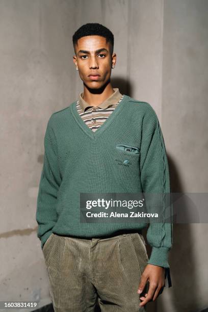 Model at backstage at the Henrik Vibskov show during the Copenhagen Fashion Week Spring/Summer 2024 on August 09, 2023 in Copenhagen, Denmark.