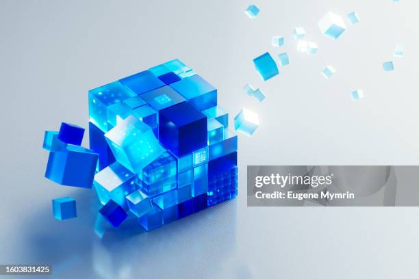 visualizing cloud technology, blockchain, and ai: the intricate glass cube network. data cubes. - blockchain stock pictures, royalty-free photos & images