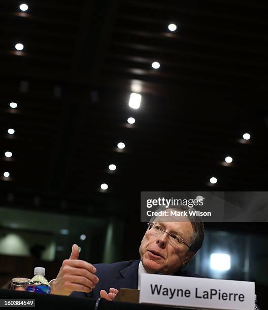 Wayne LaPierre, Executive Vice President and CEO of the National Rifle Association, testifies during a Senate Judiciary Committee hearing on gun...