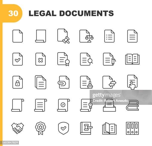 illustrations, cliparts, dessins animés et icônes de icônes de ligne de documents juridiques. trait modifiable, contient des icônes telles que accord, affaires, certificat, constitution, contrat, tribunal, dossiers, dossier, gouvernement, poignée de main, justice, droit, avocat, législation, bureau, pape - document juridique