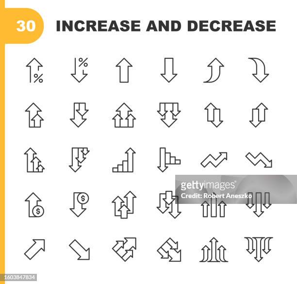stockillustraties, clipart, cartoons en iconen met increase and decrease line icons. editable stroke, contains such icons as arrow, chart, diagram, finance and economy, direction, graph, growth, interest rate, investment, performance, planning, sharing, stock market data, success, traffic. - deterioration