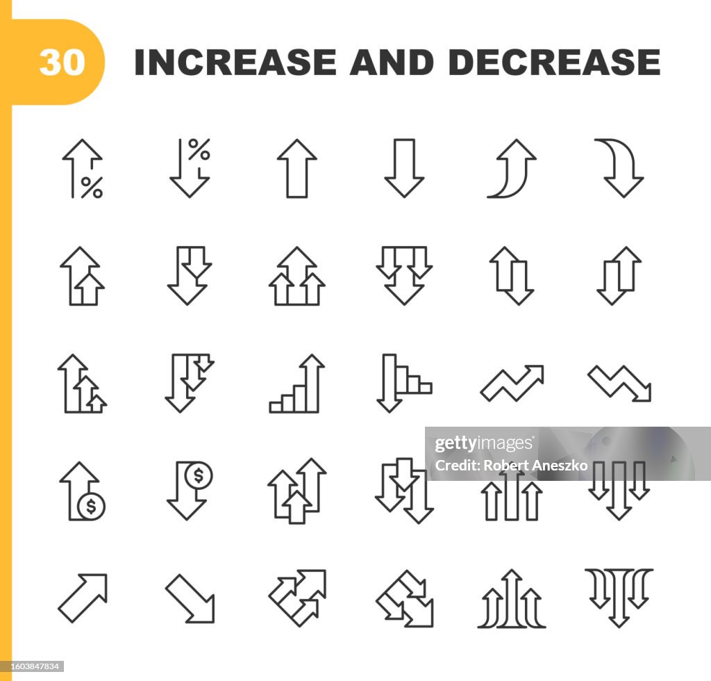 Aumentar e diminuir ícones da linha. Stroke editável, contém ícones como Seta, Gráfico, Diagrama, Finanças e Economia, Direção, Gráfico, Crescimento, Taxa de Juros, Investimento, Desempenho, Planejamento, Compartilhamento, Dados do Mercado de Aç�