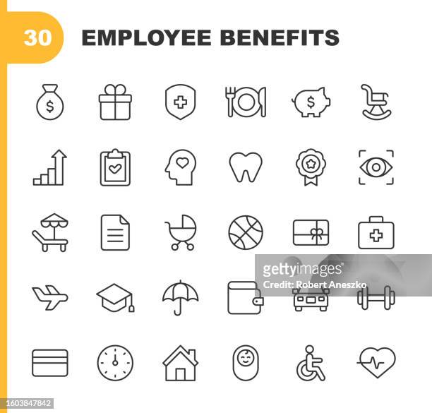 employee benefits line icons. editable stroke, contains such icons as bonus, cafeteria, car, dental insurance, discounts, gym, health insurance, maternity leave, paid vacation, pension, recruitment, remote work, retirement plan, social security. - maternity leave 幅插畫檔、美工圖案、卡通及圖標