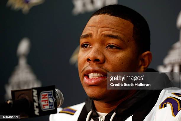 Ray Rice of the Baltimore Ravens addresses the media during Super Bowl XLVII Media Availability at the Hilton New Orleans Riverside on January 30,...