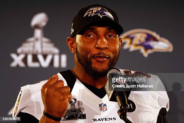 Linebacker Ray Lewis of the Baltimore Ravens addresses the media during Super Bowl XLVII Media Availability at the Hilton New Orleans Riverside on...