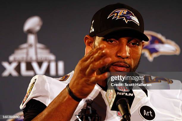 Linebacker Ray Lewis of the Baltimore Ravens addresses the media during Super Bowl XLVII Media Availability at the Hilton New Orleans Riverside on...