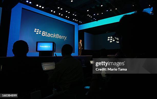 BlackBerry President and Chief Executive Officer Thorsten Heins speaks at the BlackBerry 10 launch event at Pier 36 in Manhattan on January 30, 2013...