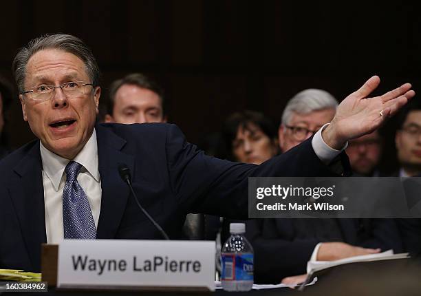 Wayne LaPierre, Executive Vice President and CEO of the National Rifle Association, testifies during a Senate Judiciary Committee hearing on gun...