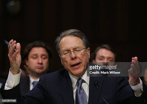 Wayne LaPierre, Executive Vice President and CEO of the National Rifle Association, testifies during a Senate Judiciary Committee hearing on gun...