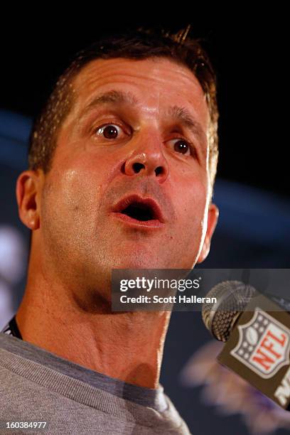 Head coach John Harbaugh of the Baltimore Ravens addresses the media during Super Bowl XLVII Media Availability at the Hilton New Orleans Riverside...