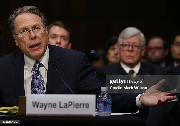 Wayne LaPierre Executive Vice President and CEO of the National Rifle Association testifies while NRA President David Keene listens during a Senate...