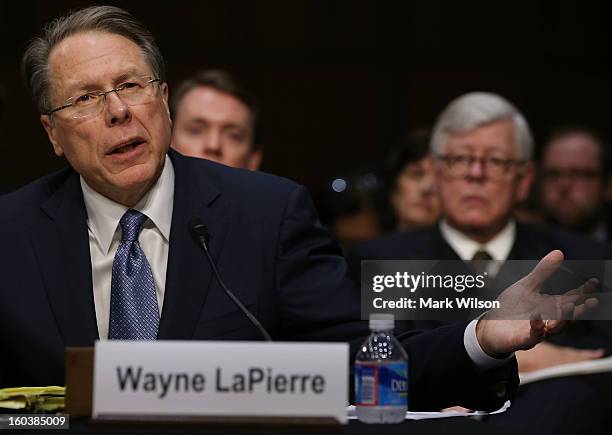 Wayne LaPierre Executive Vice President and CEO of the National Rifle Association testifies while NRA President David Keene listens during a Senate...