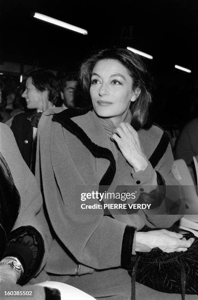 French actress Anouk Aimee and muse of French Emmanuel Ungaro attends the spring/summer 85-86 ready-to-wear fashion show by the fashion designer in...