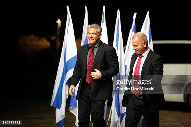 Israeli politician Yair Lapid leader of the Yesh Atid party arrives for a meeting with President Shimon Peres at the presidential compound on January...