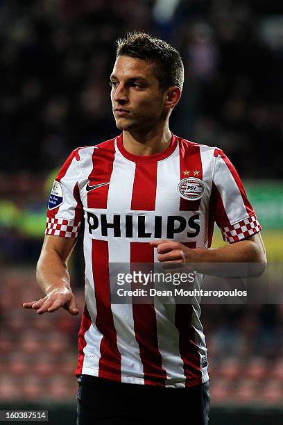Dries Mertens of PSV celebrates scoring the first goal of the game during the KNVB Dutch Cup match between PSV Eindhoven and Feyenoord Rotterdam at...