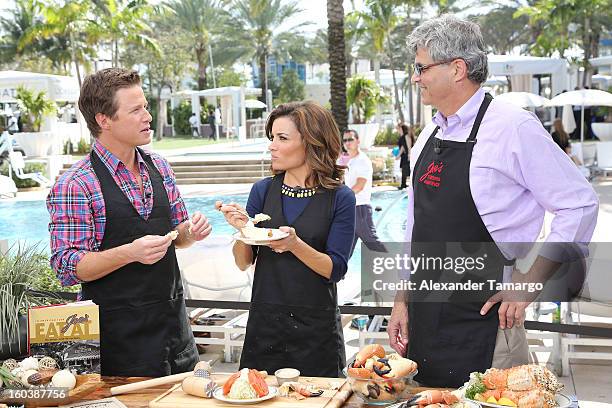 Billy Bush, Catherine 'Kit' Hoover and Steve Sawitz attend Access Hollywood cabana at NAPTE 2013 at Fontainebleau Miami Beach on January 30, 2013 in...