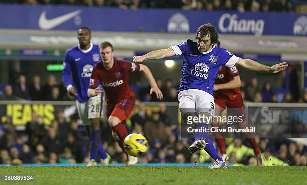 Leighton Baines of Everton scores his second goal from the penalty spot during the Barclays Premier League match between Everton and West Bromwich...