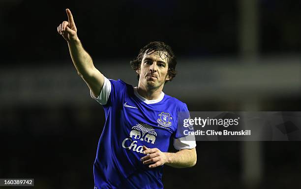 Leighton Baines of Everton celebrates after scoring the first goal during the Barclays Premier League match between Everton and West Bromwich Albion...