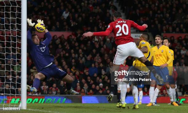Robin van Persie of Manchester United has a header saved by Artur Boruc of Southampton during the Barclays Premier League match between Manchester...