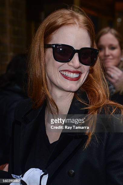Actress Jessica Chastain enters the Walter Kerr Theater on January 30, 2013 in New York City.