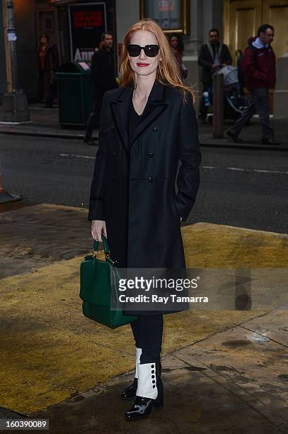 Actress Jessica Chastain enters the Walter Kerr Theater on January 30, 2013 in New York City.
