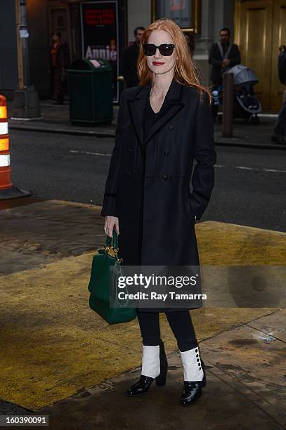 Actress Jessica Chastain enters the Walter Kerr Theater on January 30, 2013 in New York City.