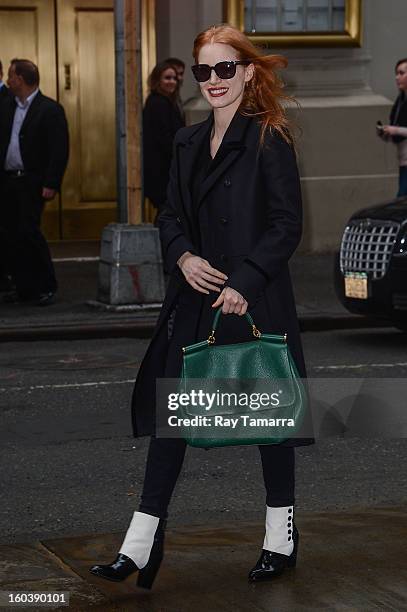 Actress Jessica Chastain enters the Walter Kerr Theater on January 30, 2013 in New York City.