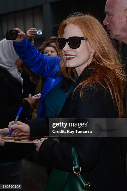 Actress Jessica Chastain enters the Walter Kerr Theater on January 30, 2013 in New York City.