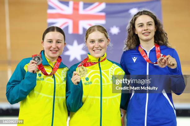 Bronze Medalist Keira Will of Team Australia, Gold Medalist Lauren Bates of Team Australia and Silver Medalist Millie Thomson of Team Scotland pose...