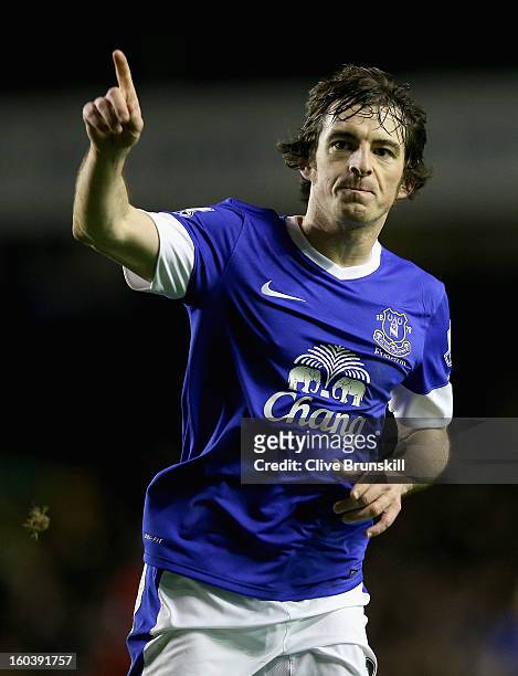 Leighton Baines of Everton celebrates after scoring the first goal during the Barclays Premier League match between Everton and West Bromwich Albion...
