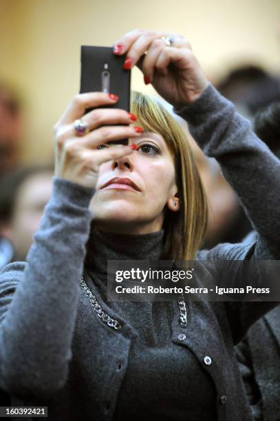 Candidate Ilaria Cucchi with Rivoluzione Civile party in the forthcoming Italian Parliamentary elections in Febraury attends a meeting with candidate...