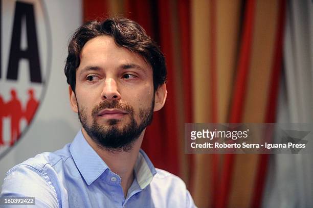Candidate Giovanni Favia with Rivoluzione Civile party in the forthcoming Italian Parliamentary elections in Febraury attends a meeting with...