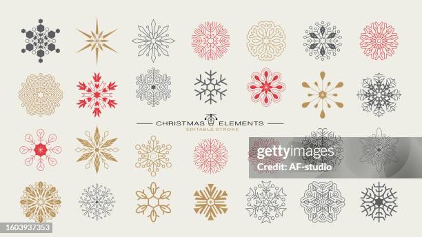 set of christmas snowflakes. line winter stars. editable strokes - mandala image stock illustrations