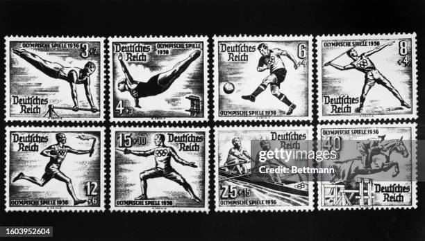 Limited edition 1936 Olympic stamps designed by Max Eschle, advertising the different games, are issued in Germany, 8th May 1936.