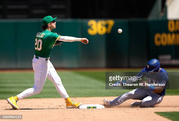 Zack Gelof of the Oakland Athletics gets the out at second base and throws to first base over the top of Ezequiel Duran of the Texas Rangers in the...