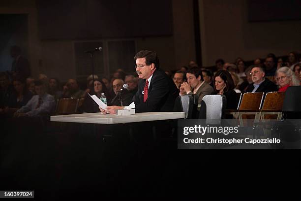 Bill Sherlach, whose wife, school psychologist Mary Sherlach, was killed at Sandy Hook Elementary School last month, speaks as Connecticut state...