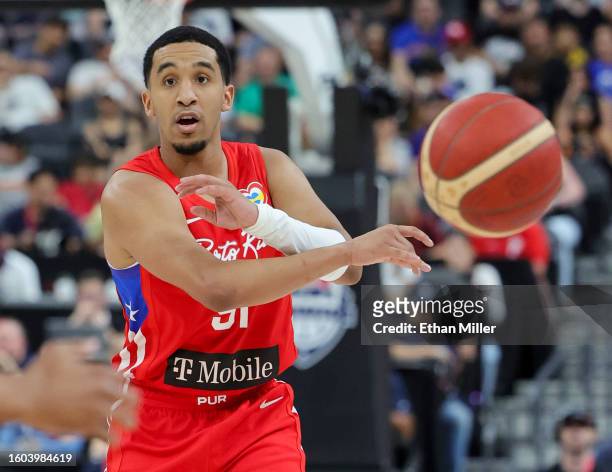 Tremont Waters of Puerto Rico passes the ball up the court against the United States in the first half of a 2023 FIBA World Cup exhibition game at...