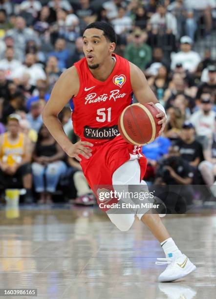 Tremont Waters of Puerto Rico brings the ball up the court against the United States in the first half of a 2023 FIBA World Cup exhibition game at...