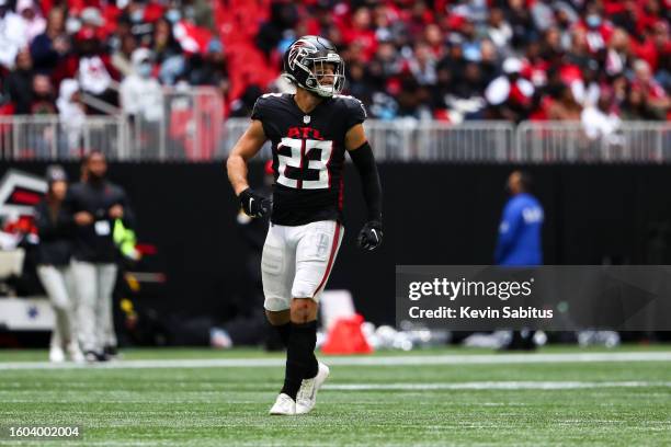 Erik Harris of the Atlanta Falcons looks on during an NFL game against the Carolina Panthers at Mercedes-Benz Stadium on October 31, 2021 in Atlanta,...